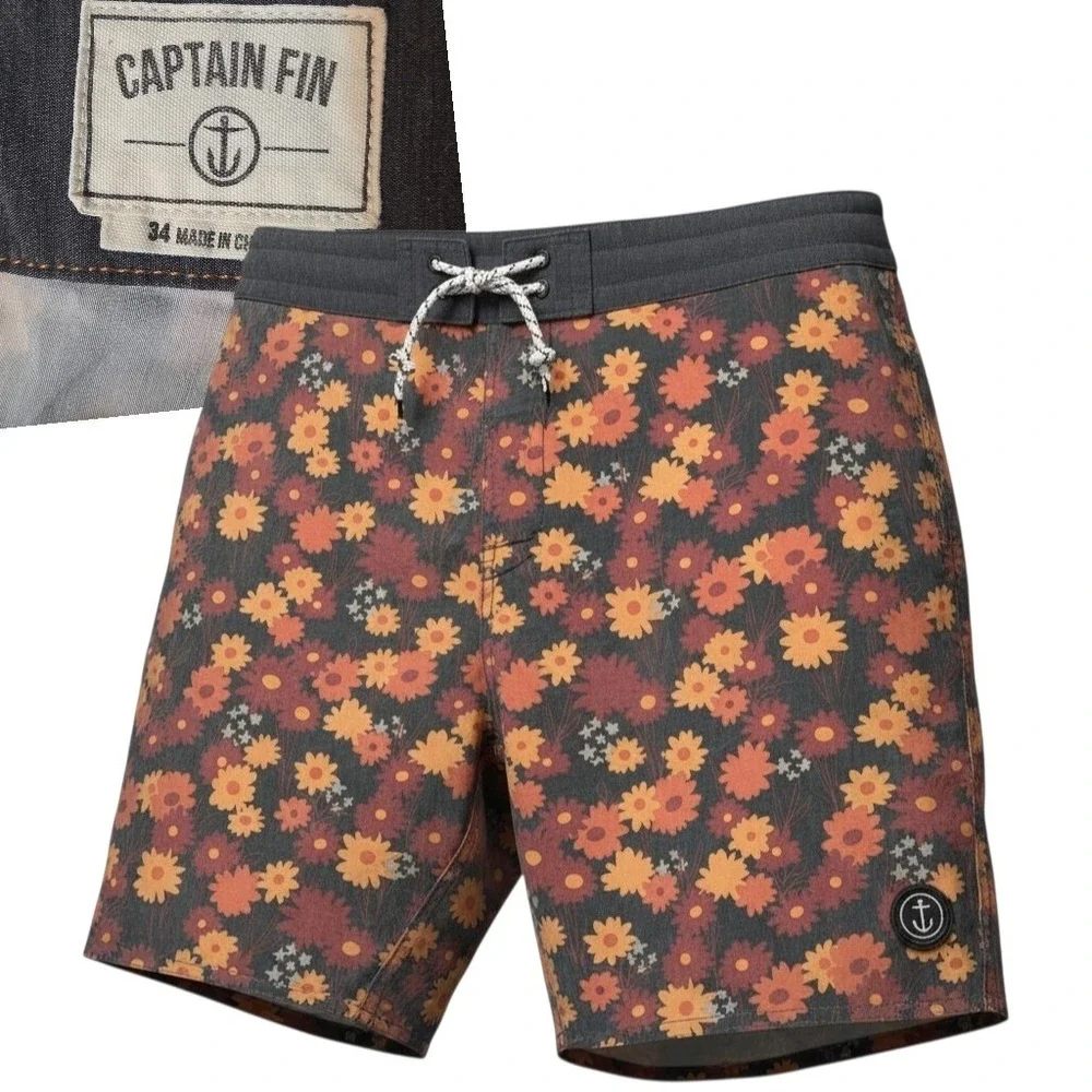 Captain Fin Board Shorts Men 34 Multi Floral Print Surf Trunks Anchor Patch